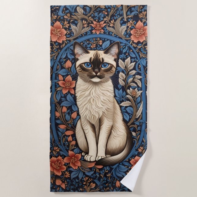 Blue Mit Augen Siamese Cat William Morris Inspirie Strandtuch (Vorderseite)