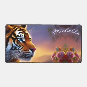 Blue Mit Augen Tiger and Pink Blume Poster Schreibtischunterlage