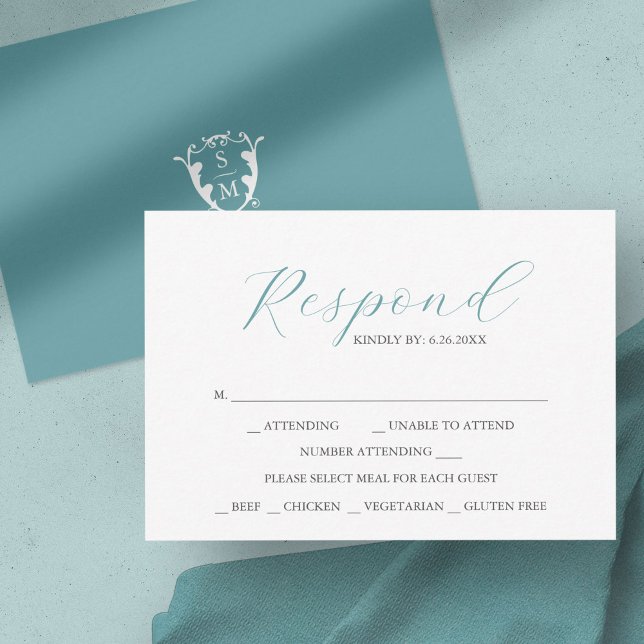 Blue mit Meal Choice Monogram RSVP Cards Karte (monogram wedding crest custom rsvp card)