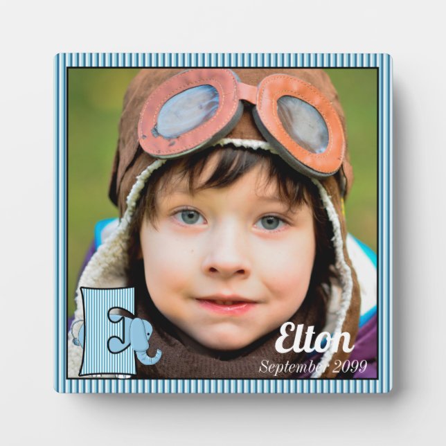 Blue Mit Monogramm E Elephant Baby Foto Fotoplatte (Vorderseite)