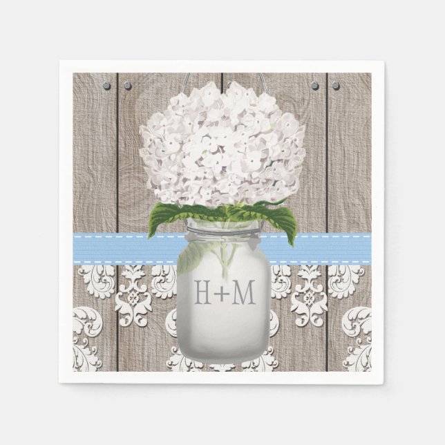 Blue Mit Monogramm Hydrangea Mason Jar Serviette (Vorderseite)