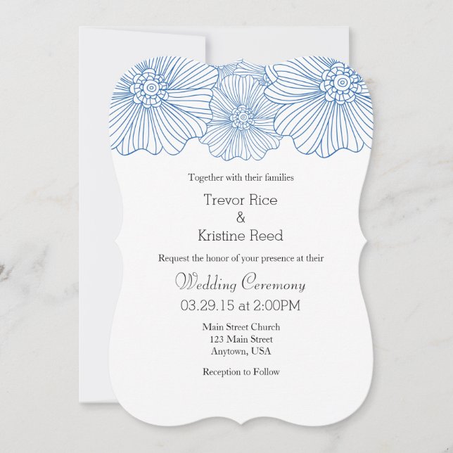 Blue Mod Blume Konturen Hochzeiten Einladungen (Vorderseite)