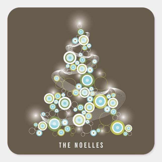 Blue Mod Sparkling Circles Christmas Trecker Quadratischer Aufkleber (Vorderseite)