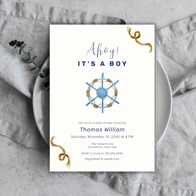 Blue Modern Ahoy Es ist eine Baby-Kinderdusche Einladung (Blue Modern Ahoy It's A Boy Nautical Baby Shower Invitation)