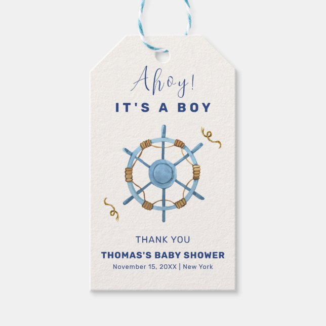 Blue Modern Ahoy Nautical Boy Baby Dusche Geschenkanhänger (Vorderseite)