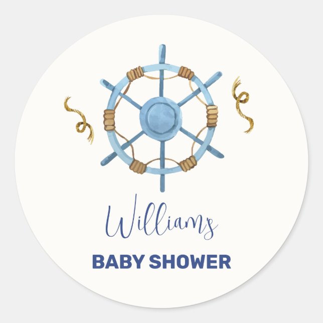 Blue Modern Ahoy Nautical Boy Baby Dusche Runder Aufkleber (Vorderseite)