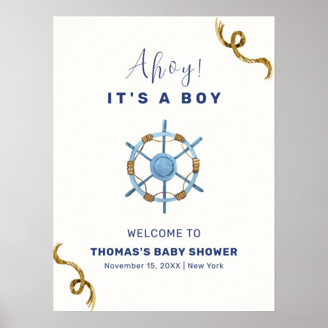 Blue Modern Ahoy Nautical Boy Baby Dusche Willkomm Poster (Vorne)