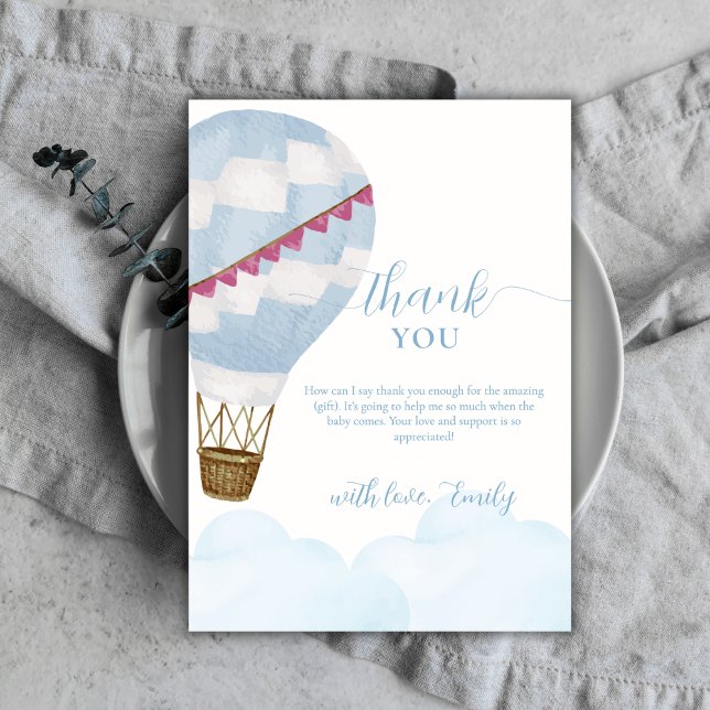 Blue Modern Boho Hot Air Ballon Babydusche Dankeskarte (Blue Modern Boho Hot Air Balloon Baby Shower Thank You Card)