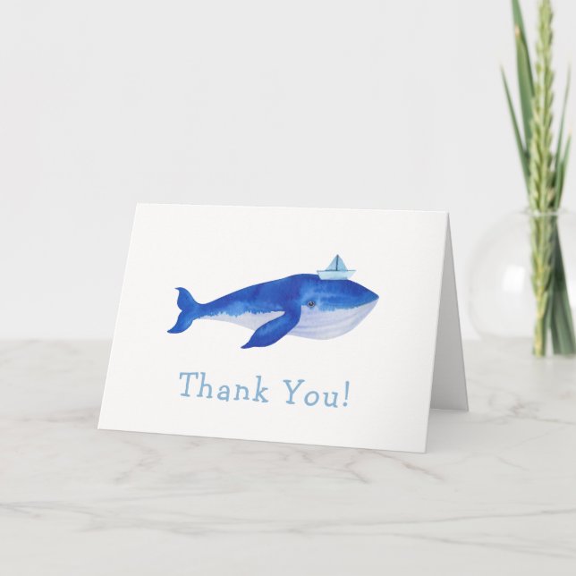 Blue Modern Boy Under Sea Whale Baby Shower Dankeskarte (Vorderseite)