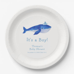 Blue Modern Boy Under Sea Whale Baby Shower Pappteller