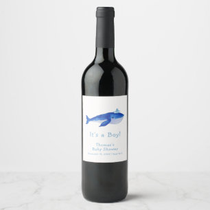 Blue Modern Boy Under Sea Whale Baby Shower Weinetikett