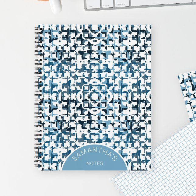 Blue Modern Chic Muster Personalisierter Name Einf Notizbuch (Blue Modern Chic Pattern Personalized Name Simple Notebook)