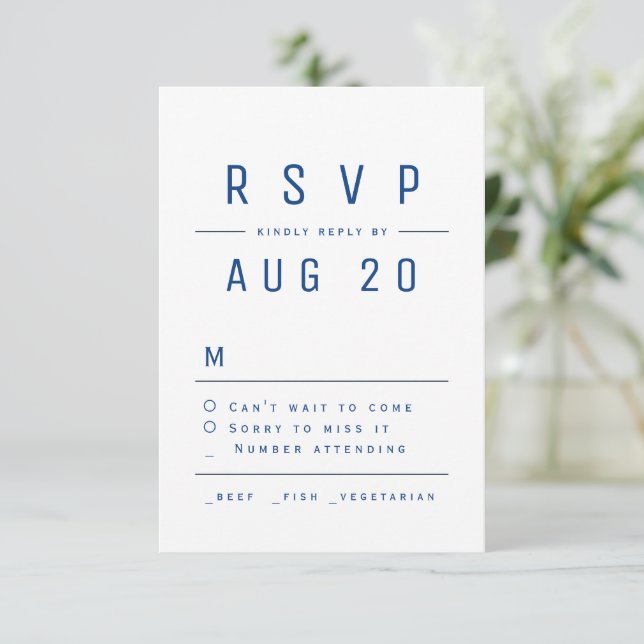 Blue Modern Chic Simple Typografy Wedding RSVP Karte (Stehend Vorderseite)