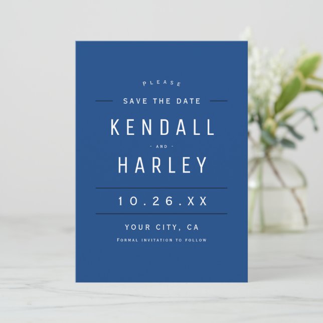 Blue Modern Chic Typografy Simple Foto Save The Date (Stehend Vorderseite)