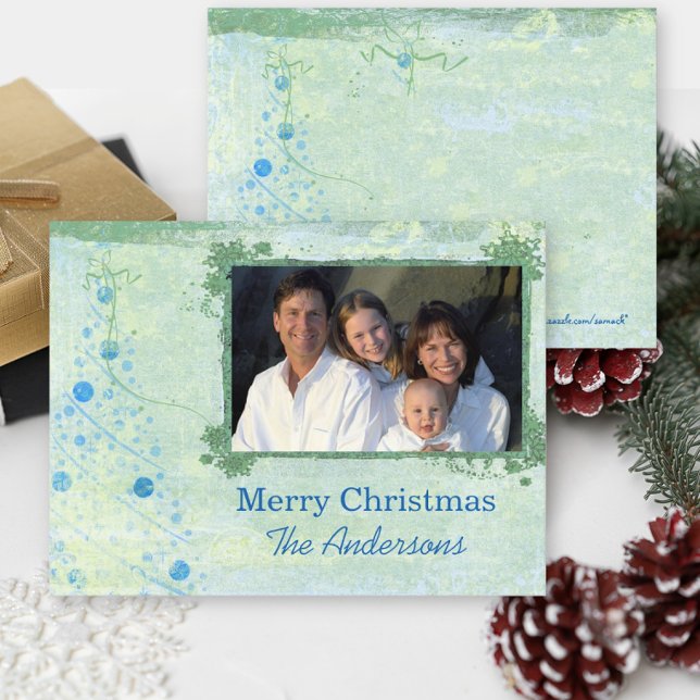 Blue Modern Christmas Tree Family Photo Carte post (Créateur téléchargé)