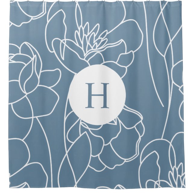 Blue Modern Elegant Wildflower Monogram Name Duschvorhang (Vorderseite)