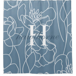 Blue Modern Elegant Wildflower Monogram Name Duschvorhang