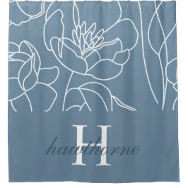 Blue Modern Elegant Wildflower Monogram Name Duschvorhang