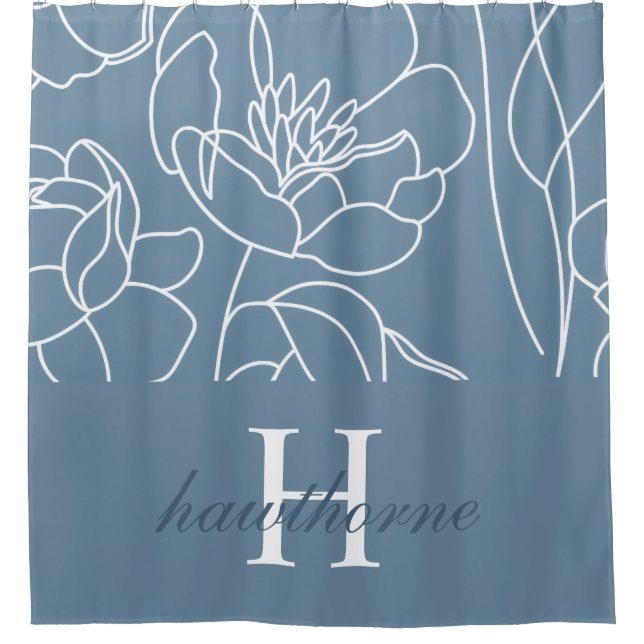 Blue Modern Elegant Wildflower Monogram Name Duschvorhang (Vorderseite)
