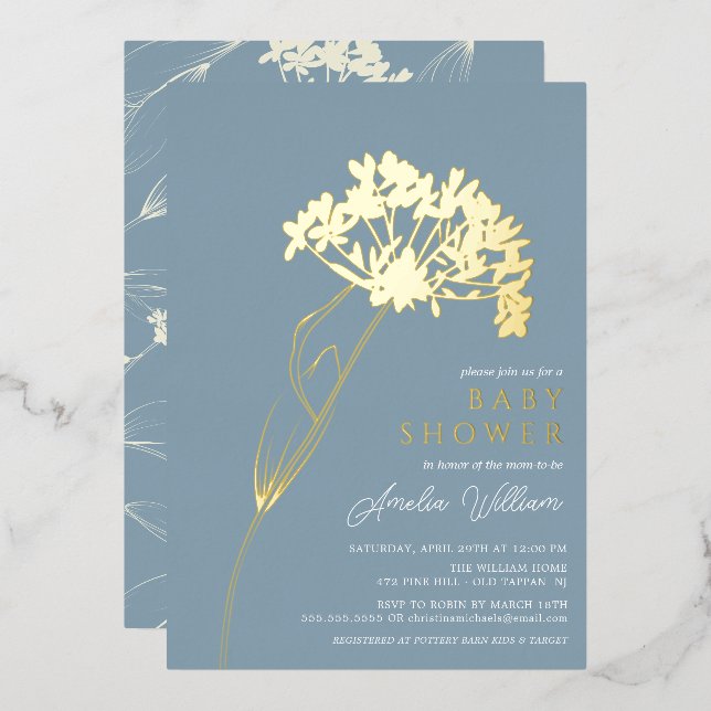 Blue Modern Floral Baby Dusche Folieneinladung (Vorderseite/Rückseite)