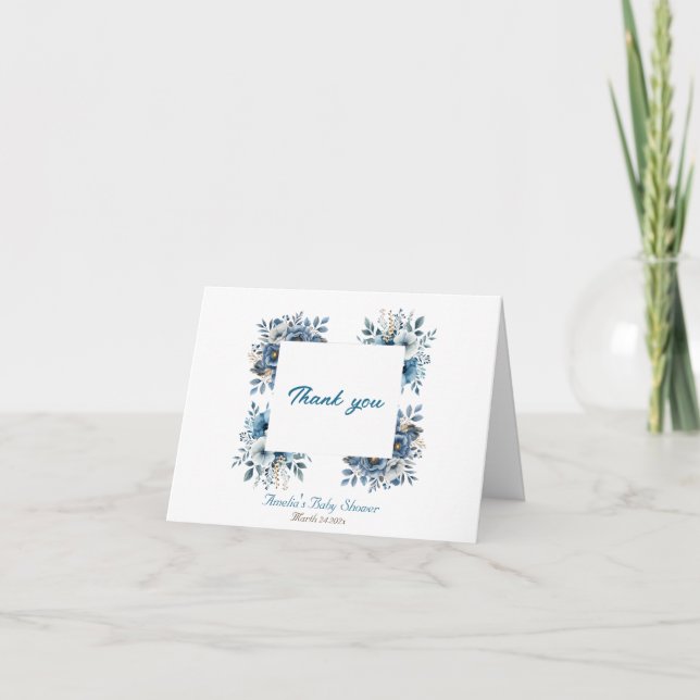 Blue Modern Floral Watercolor Babydusche Dankeskarte (Vorderseite)