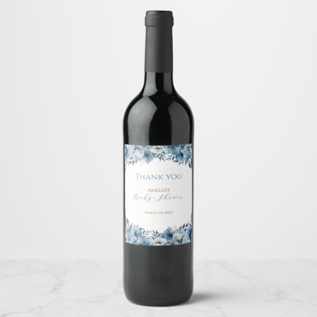 Blue Modern Floral Watercolor Babydusche Weinetikett (Vorderseite)