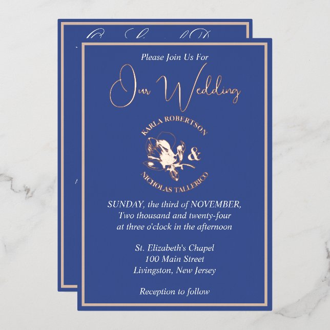 Blue Modern Floral Wedding Rose Gold Folieneinladung (Vorderseite/Rückseite)