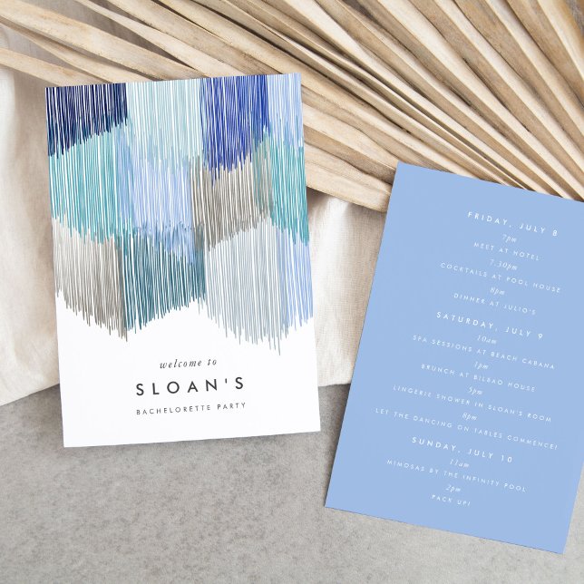 Blue Modern Fringe Junggeselinnen-Abschied Itinera Save The Date (Blue fringe bachelorette party itinerary cards.)