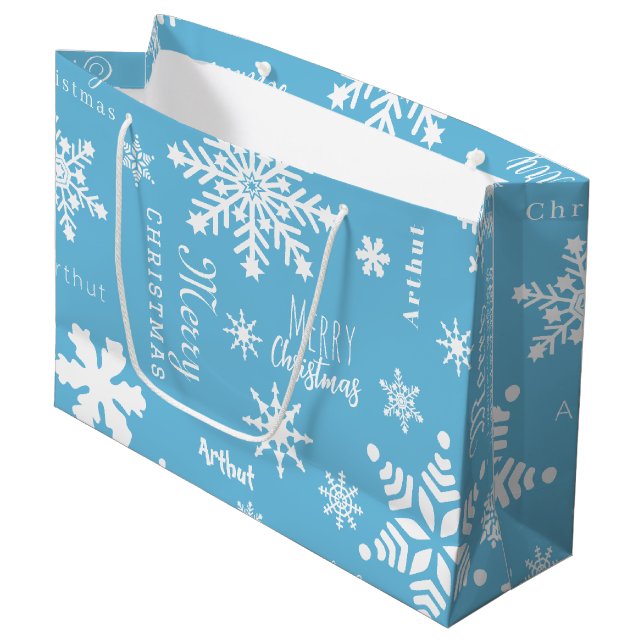 Blue Modern Individuelle Name Christmas Holiday Sn Große Geschenktüte (Vorderseite Schrägansicht)