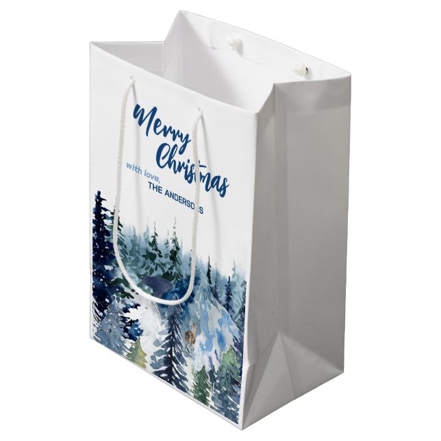 Blue Modern Merry xmas Bäume Wald Raindei Mittlere Geschenktüte (Vorderseite Schrägansicht)