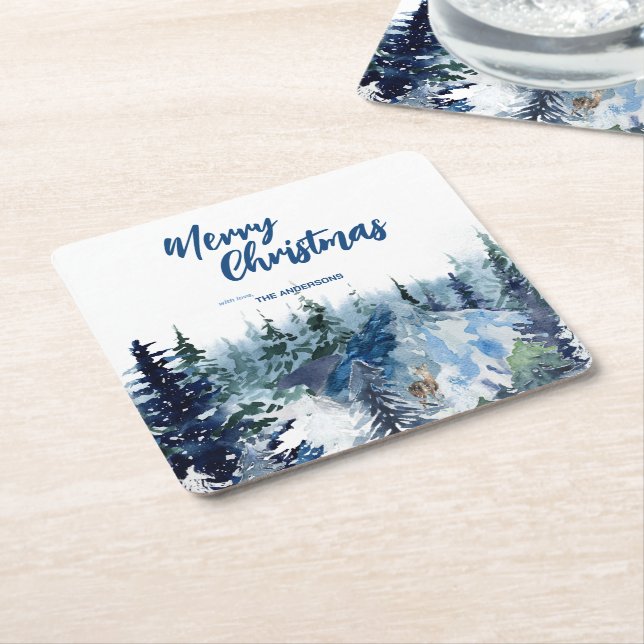 Blue Modern Merry xmas Bäume Wald Raindei Rechteckiger Pappuntersetzer (angewinkelt)