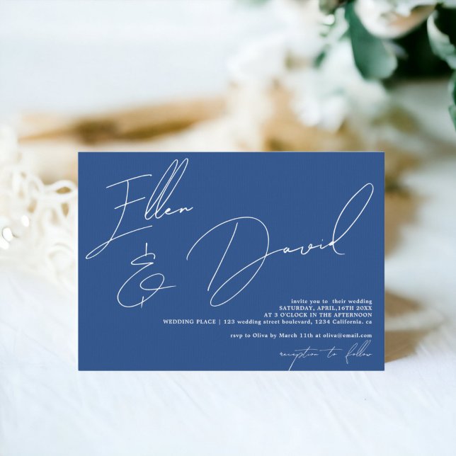 Blue Modern Names Skript kalligraphische Hochzeit Einladung (Modern names script calligraphy blue wedding invitation on blue)