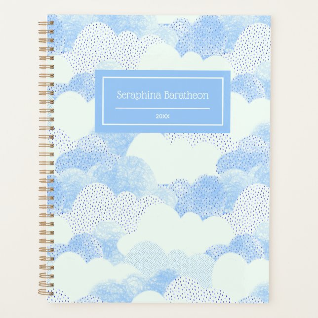 Blue Modern Rain Clouds Personalisierter Name Planer (Vorderseite)