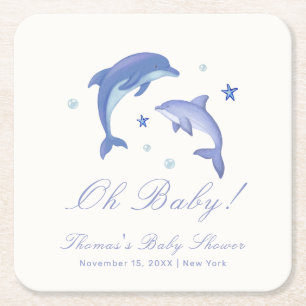 Blue Modern Summer Dolphin Stars Baby Dusche Rechteckiger Pappuntersetzer