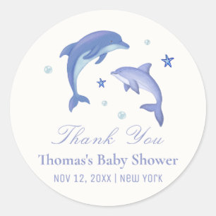 Blue Modern Summer Dolphin Stars Baby Dusche Runder Aufkleber