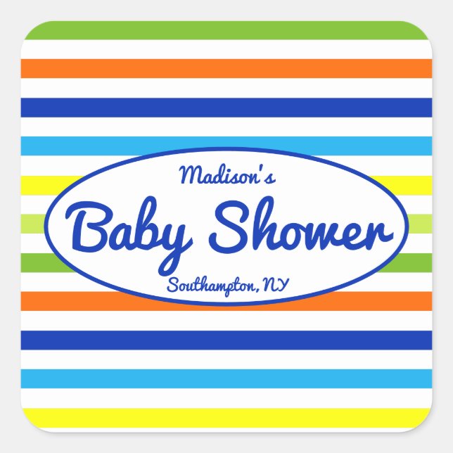 Blue Modern Summer Stripes Baby Dusche Quadratischer Aufkleber (Vorderseite)