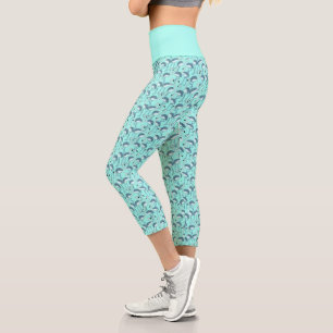 Blue Modern Tropical Flamingo Pattern Capri Leggings
