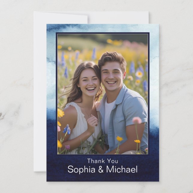 Blue Modern Watercolor Wedding Danke Card (Vorderseite)