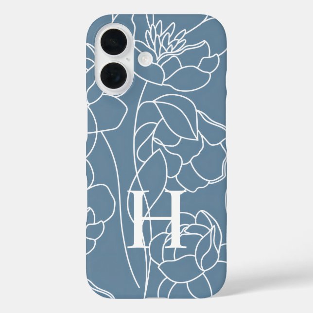 Blue Modern Watercolor Wildflower Name Monogram iPhone 16 Hülle (Rückseite)