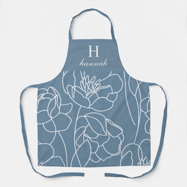 Blue Modern Wildflower Custom Monogram Name Apron Schürze (Vorderseite)