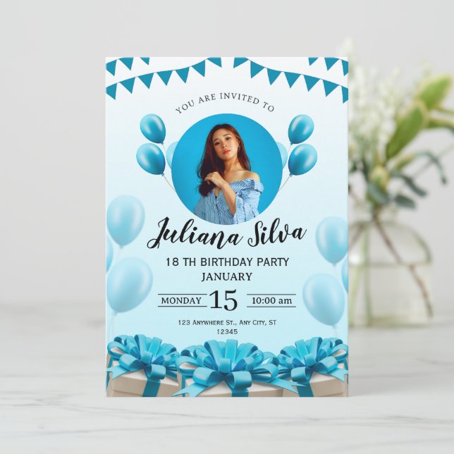 Blue Modern Young Birthday Einladung (Stehend Vorderseite)