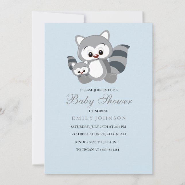 Blue Mom & Bub Racoon Boy Baby shower Invitation (Devant)