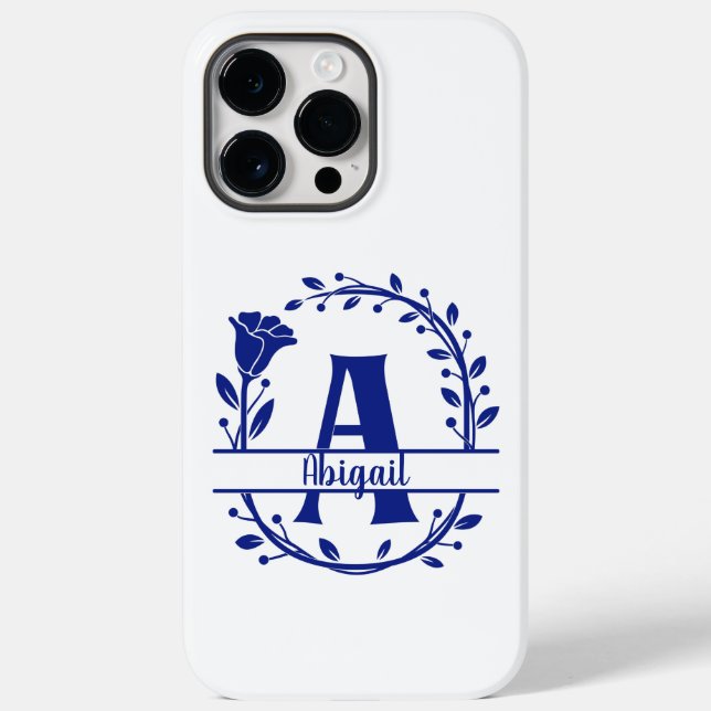 Blue Monogram A, Initial A, Letter A, floral Case-Mate iPhone 14 Pro Max Hülle (Rückseite)