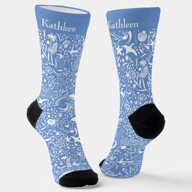 Blue Monogram Add Your Name Ocean Pattern Socken (Gewinkelt)