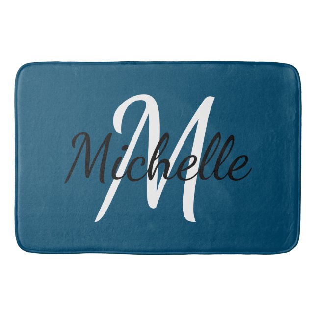 Blue Monogram Add your name Simple Modern Trendy Badematte (Vorderseite)