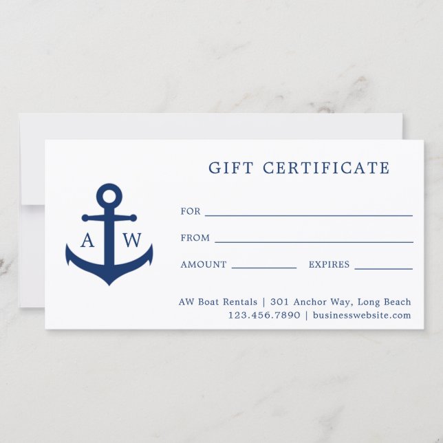 Blue Monogram Anchor Business Gift Certificate (Vorderseite)