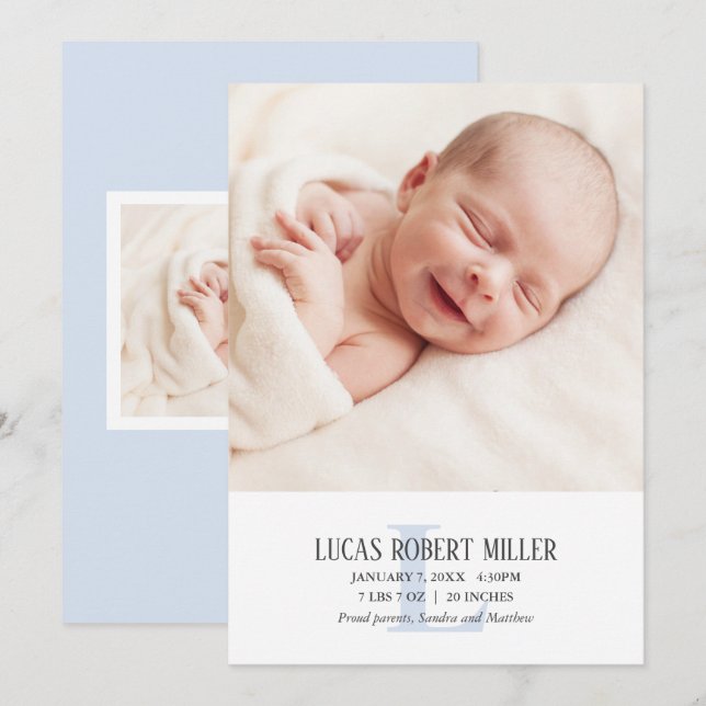 Blue Monogram Baby Birth Announcement Foto Card Ankündigung (Vorne/Hinten)