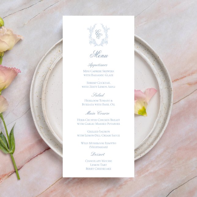 Blue Monogram Crest Wedding Reception Menu Card Werbekarte (Von Creator hochgeladen)