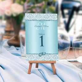 Blue Monogram Damask Glitzer Hochzeit Tischnummer