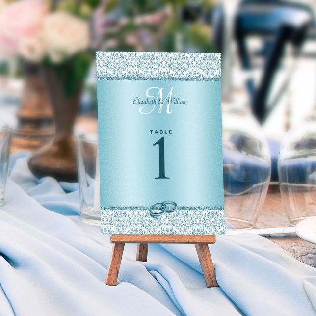 Blue Monogram Damask Glitzer Hochzeit Tischnummer (Von Creator hochgeladen)